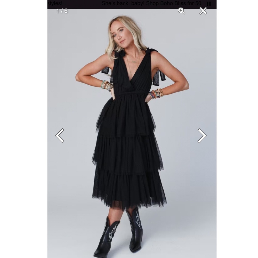 Three Bird Nest BohoBlack Tulle Tiered Midi Dress Swiss Dot Tie Shoulder V-Neck